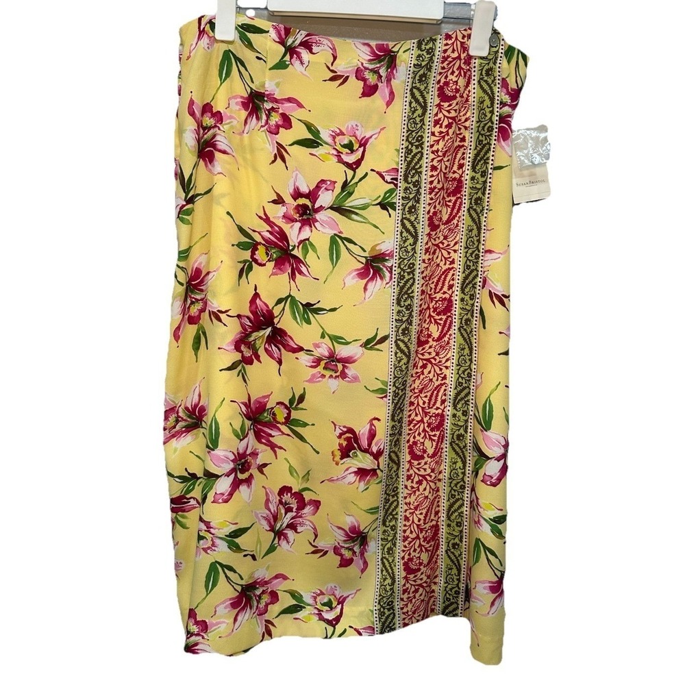 Susan Bristol Skirt Size 14 Hawaiian Yellow Floral Print Maxi Straight Wrap NWT